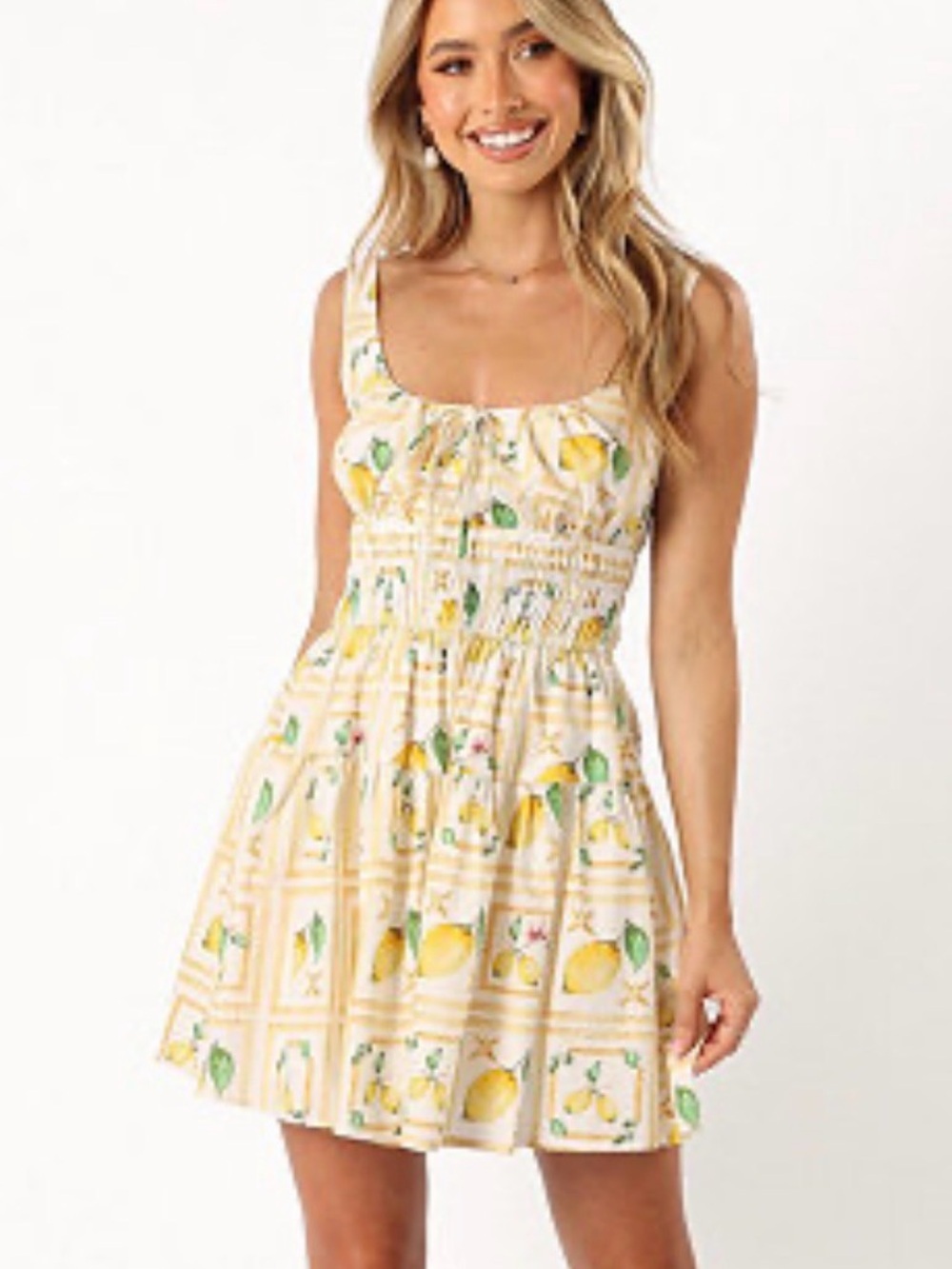 Petal & Pup Cintrico Lemon Print Mini Dress XS Ruched Bodice